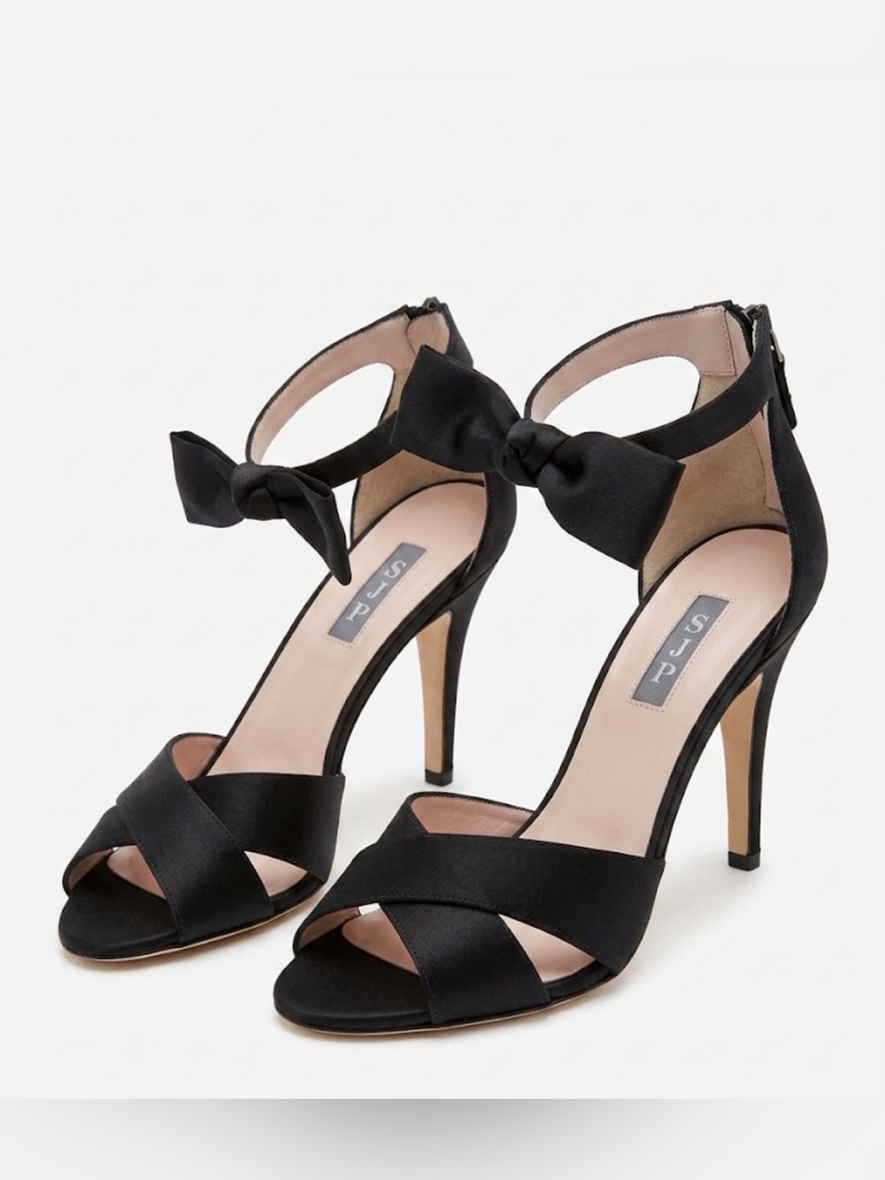 SJP by Sarah Jessica Parker Black Satin Bow Ankle-Strap Heels